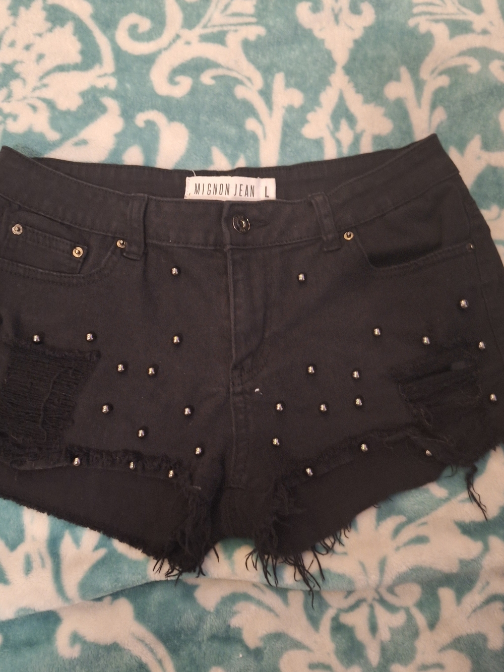 Mignon Jean Black Studded Distressed Women's Shorts